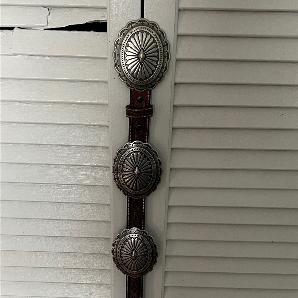 Western Silver Concho Wall Decor Belt - Brown Leather with Silver Accents